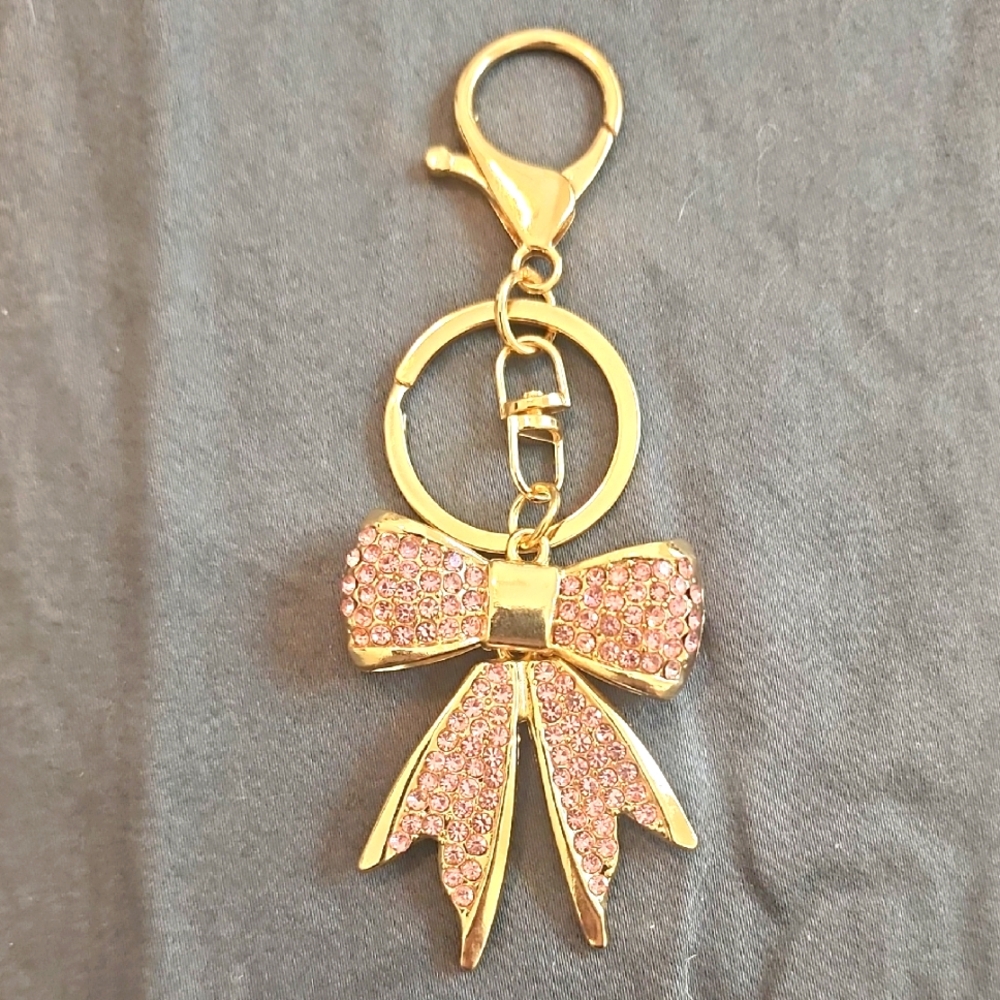 Gold and Pink Bow Bag Charm Keychain